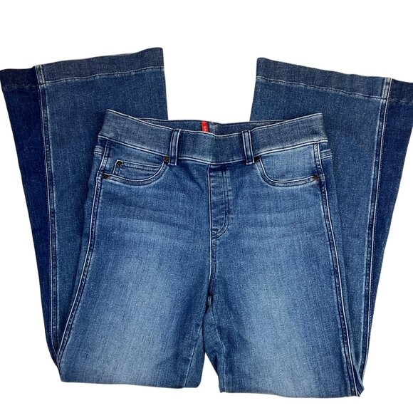 Spanx Flare Mid-Rise Blue Denim Jeans Womens Medium Stretchy Wide-Leg Blue - Picture 7 of 12